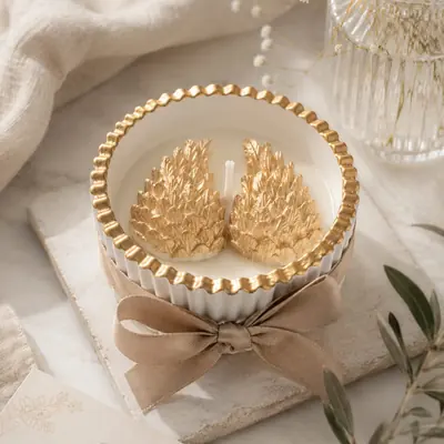 Vela en recipiente de cerámica blanca acanalada con borde dorado, alas de ángel doradas en relieve y lazo beige