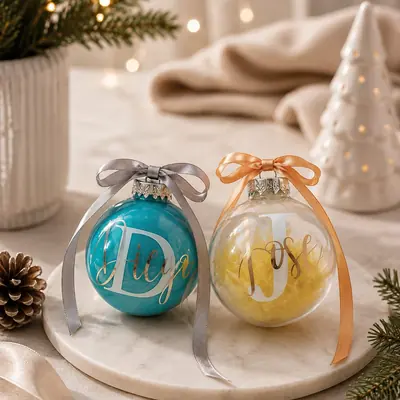 Dos bolas de Navidad personalizadas, una turquesa y otra transparente, con el nombre en dorado y lazo de satín