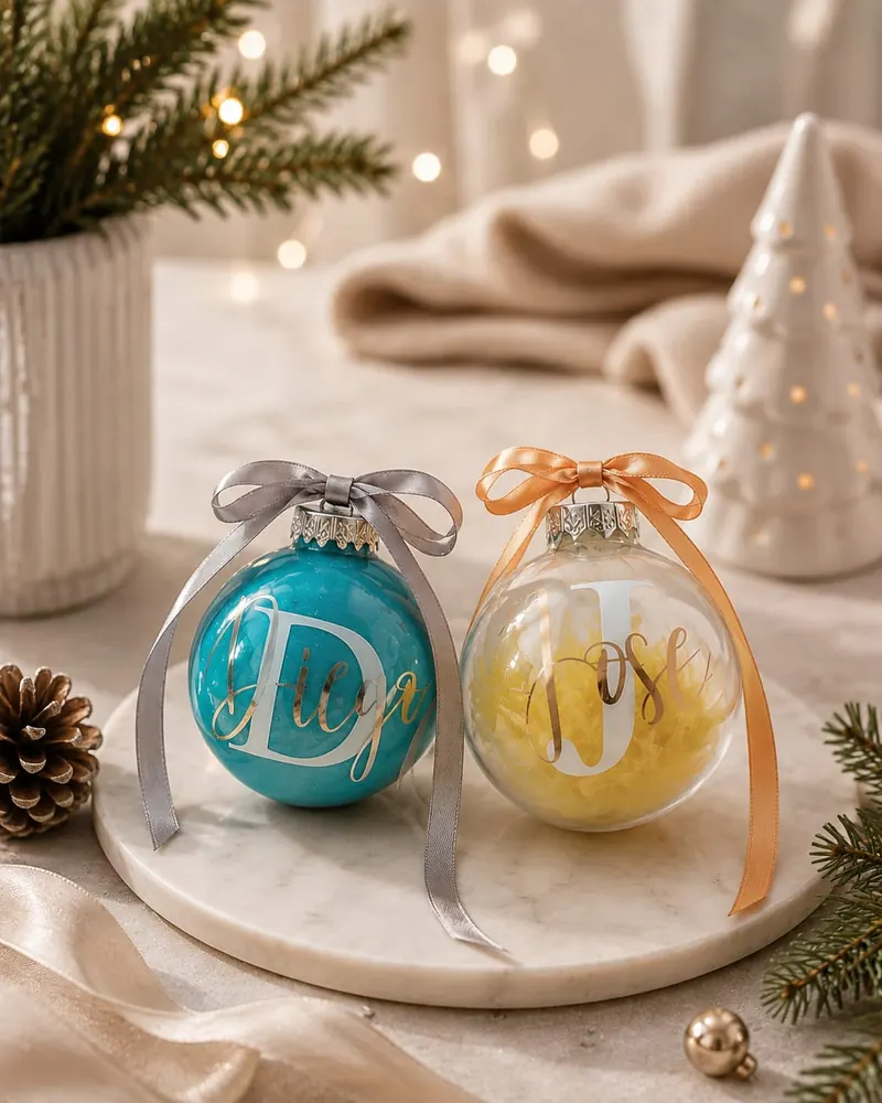 Dos bolas de Navidad personalizadas, una turquesa y otra transparente, con el nombre en dorado y lazo de satín