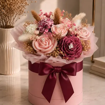 Caja cilindrica forrada rosa con lazo Vinotinto y arreglo de velas con forma de rosa, peonía y clavel