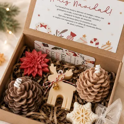 Caja de regalo con velas navideñas en forma de piña, reno, flor de pascua y copo de nieve, con tarjeta impresa