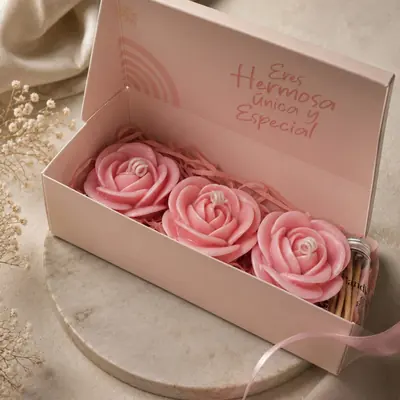 Caja rosa con tres velas con forma de rosa y un frasco de fósforos, con el mensaje Eres Hermosa única y Especial