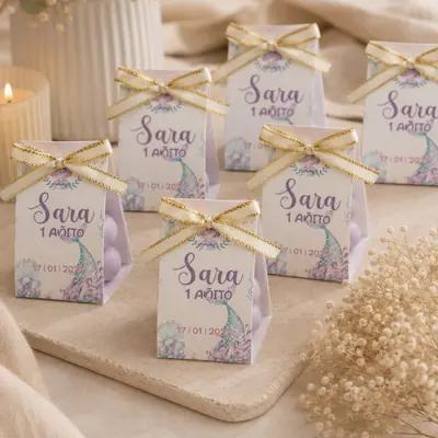 Vela tipo burbuja con diseño de sirena, el nombre Sara y lazo dorado