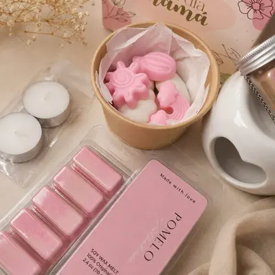 Kit de wax melts figuras y barras, velas de té, pebetero blanco, fosforos y empaque
