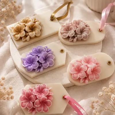 Sachets de cera aromática con ramos de flores en relieve en dorado, lila y rosado, con cinta para colgar