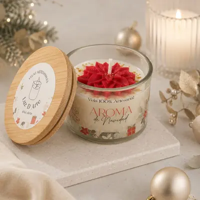 Vela artesanal en vaso de vidrio con flor de pascua roja en relieve, hoja de oro y tapa de bambú de Luz D Arte