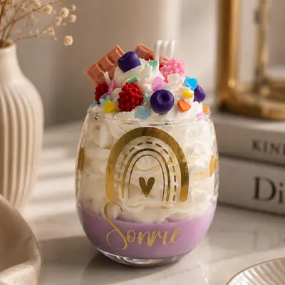 Vela con aspecto de postre en vaso de vidrio, con crema de cera, chocolates, frutos rojos y personalizada en el frente