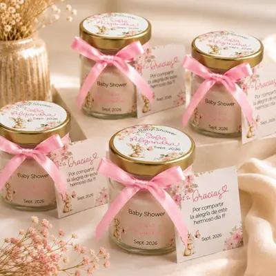 Velas de baby shower en frasco con etiqueta ilustrada de conejito, lazo rosa y tarjeta de gracias