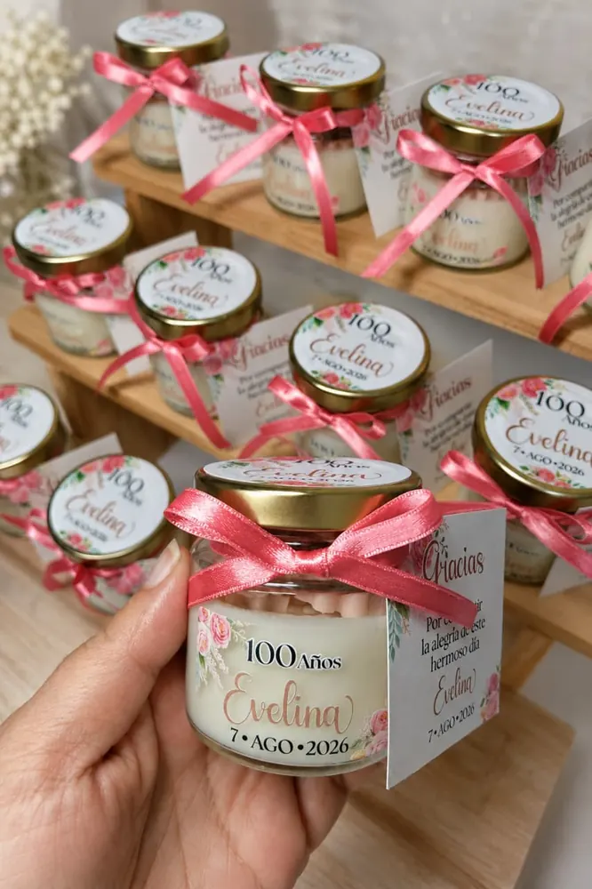Velas recordatorio en frasco de vidrio con tapa dorada, etiqueta personalizada y lazo