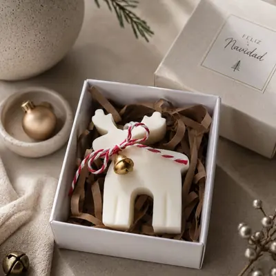 Vela blanca con forma de reno con cascabel dorado, en caja de regalo con etiqueta Feliz Navidad