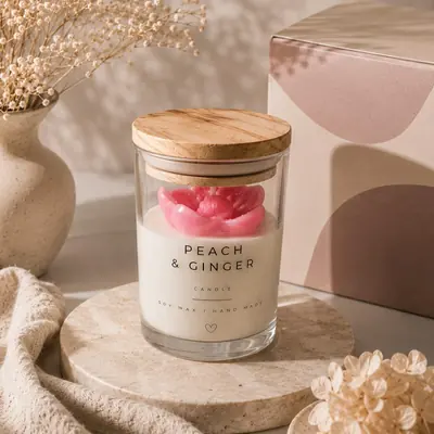 Vela de soya en vaso de vidrio con tapa de madera y una orquídea rosada de cera modelada en la superficie