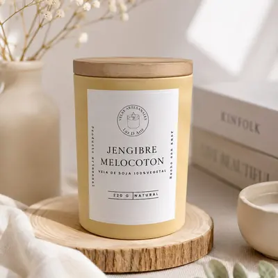 Vela de soya en frasco color amarillo con tapa de madera y etiqueta de jengibre y melocotón