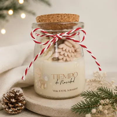 Vela artesanal en frasco de vidrio con tapa de corcho, pinos de cera dentro y cordón navideño rojo y blanco