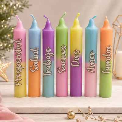 Siete velas tipo cirio en colores pastel degradados, cada una con una palabra en relieve dorado