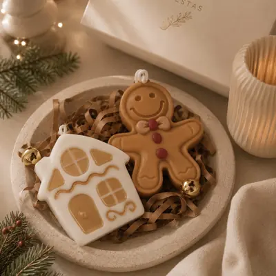 Dos velas navideñas con forma de galleta de jengibre y casita glaseada, sobre plato de cerámica