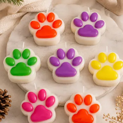 Siete velas con forma de huella de mascota en colores vivos sobre base blanca